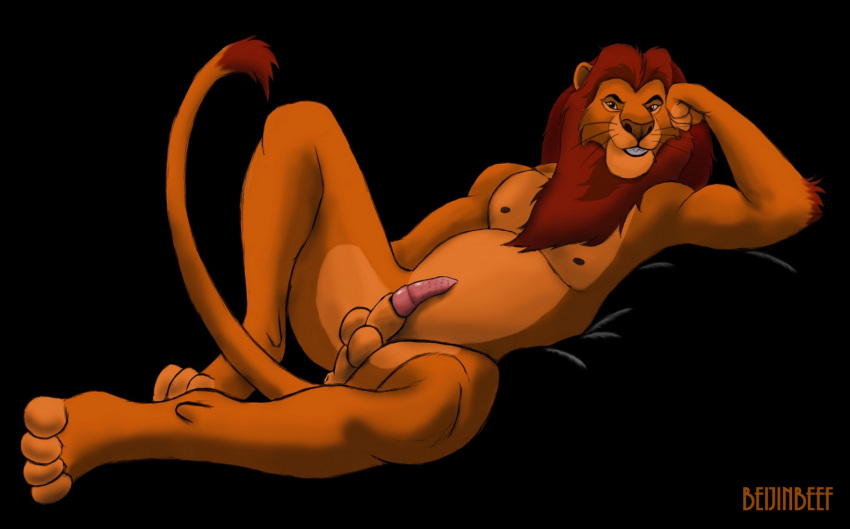 1boy animal_genitalia anthro anus balls beijinbeef erection feline fur furry lion looking_at_viewer male male_only mufasa muscles nude penis pose solo spread_legs spreading the_lion_king