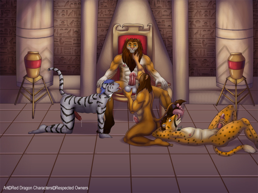 4boys anthro bdsm egyptian feline fur furry furry_only gay gay_domination interspecies jaguar king leopard lion male male_only maledom malesub multiple_subs no_humans oral orgy penis precum reddragon royalty servant temple testicles text