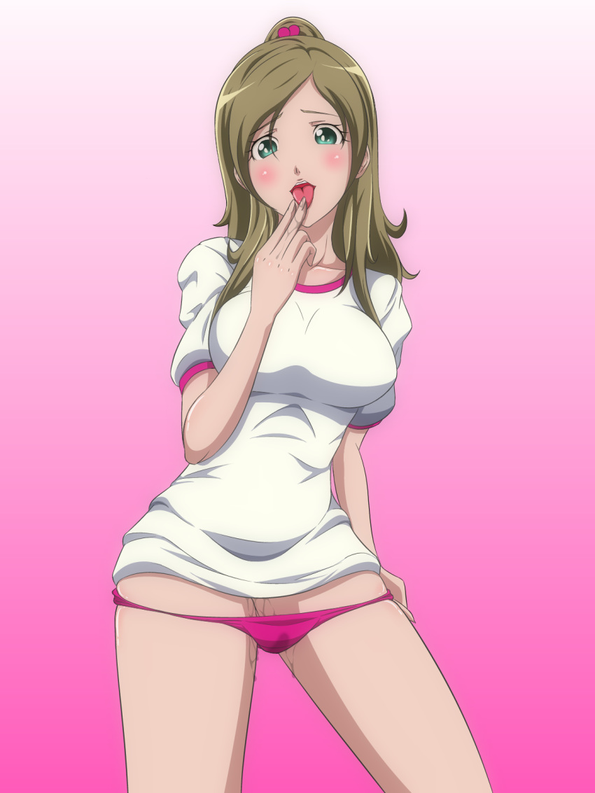 1girls blush breasts brown_hair clothing female gradient gradient_background green_eyes highres igatto large_breasts looking_at_viewer minamino_kanade panties panty_pull ponytail precure pretty_cure pussy_juice simple_background solo suite_precure tied_hair tongue underwear wet_panties