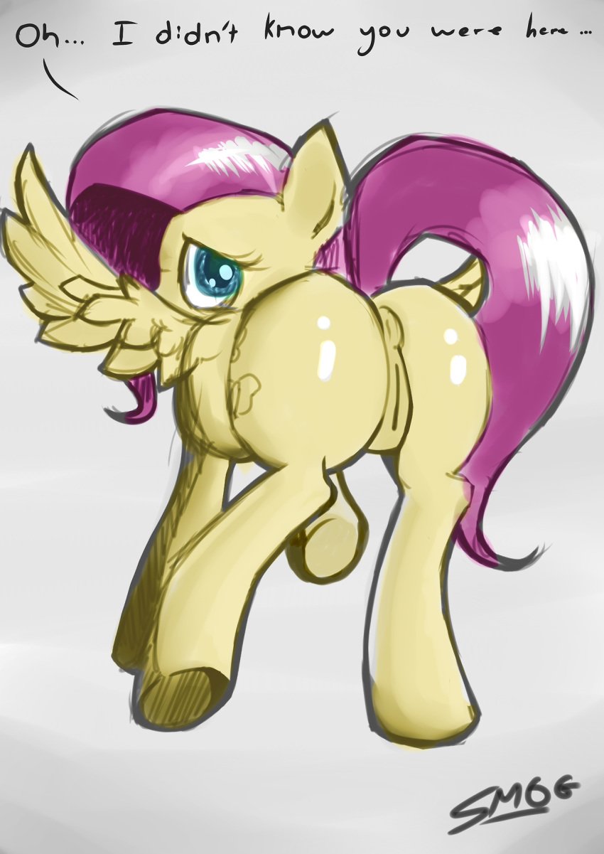 anus ass blue_eyes cutie_mark equine female fluttershy_(mlp) friendship_is_magic hair horse my_little_pony pegasus pink_hair pony pussy smogyday solo straight_hair wings