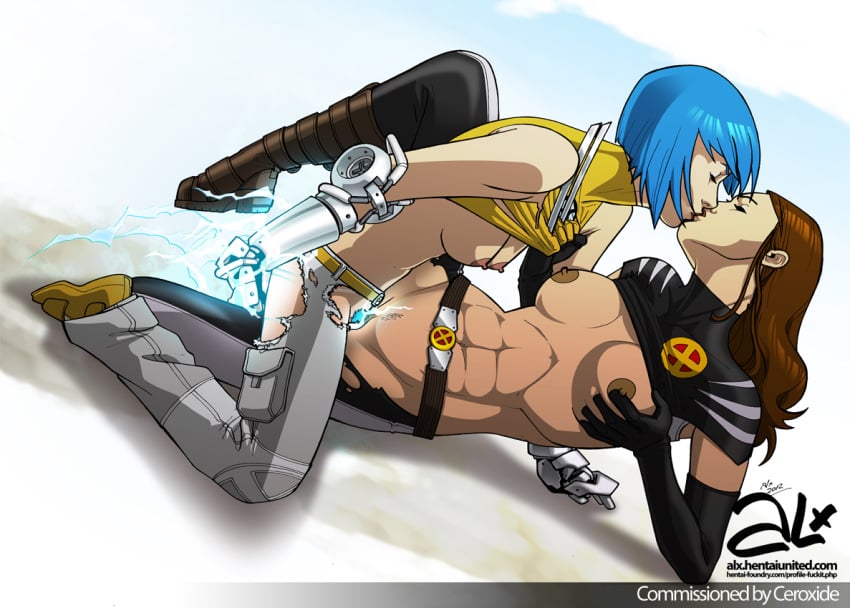 abs alx_(fuckit) blue_hair breasts brown_hair electricity female gauntlets kissing marvel multiple_girls muscle surge text torn_clothes tribadism x-23 x-men yuri