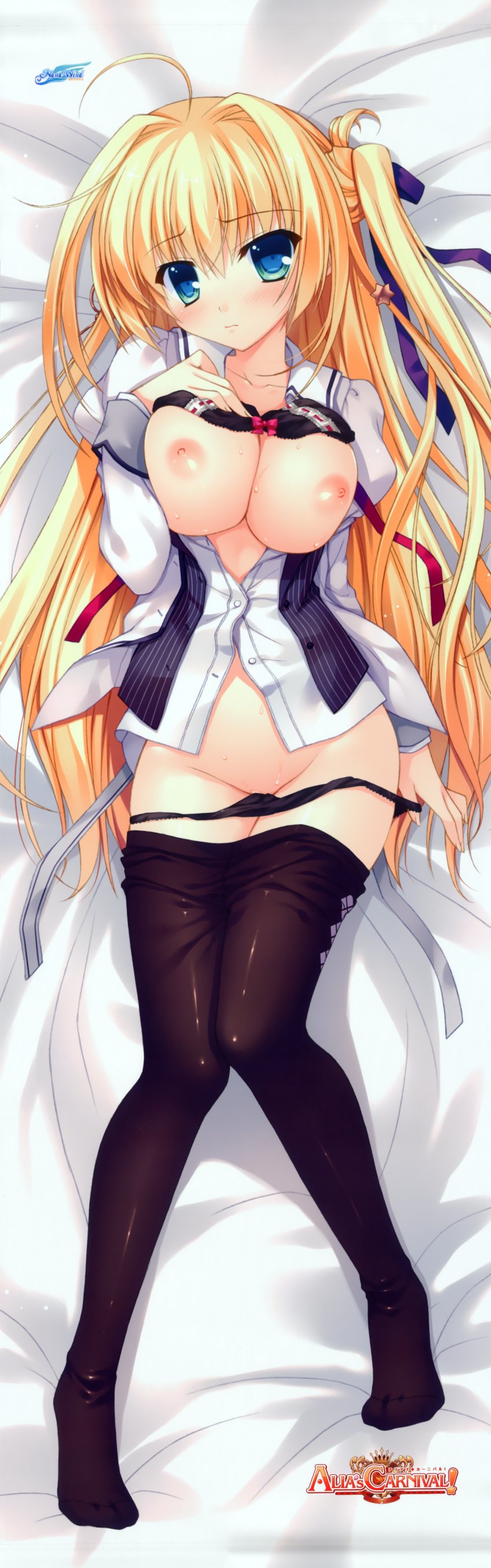 alia's_carnival alia's_carnival! black_bra black_legwear black_panties blonde_hair blue_eyes bra bra_lift breast_suppress breasts cleavage dakimakura high_resolution knees_together_feet_apart legs nanao_naru nanawind nipples open_clothes open_shirt panties panty_pull pantyhose pantyhose_pull sakurakouji_tsukuyomi school_uniform title_drop underwear undressing wavy_mouth