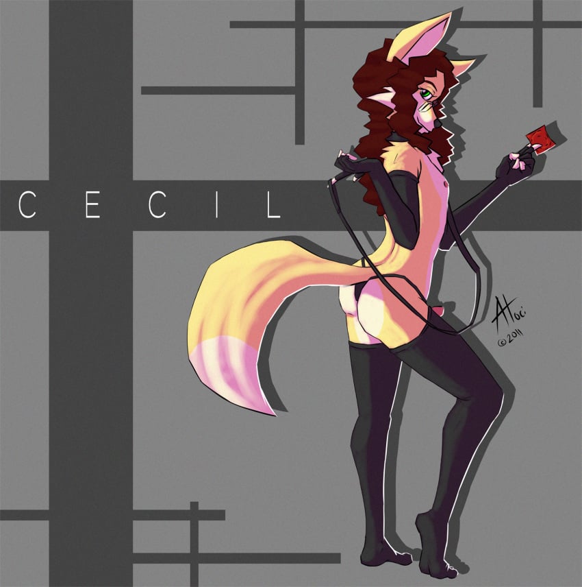 1boy aloci anthro anus ass canine cecil collar condom elbow_gloves english_text erection eyewear fennec fox fur furry glasses gloves leash long_hair looking_at_viewer male male_only nipples penis skimpy smile solo stockings text thong topless