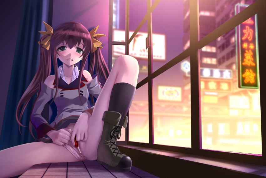 anus bare_shoulders black_legwear black_socks blush boots brown_hair censor_bar censored cross-laced_footwear egg_vibrator female green_eyes highres huang_lingyin human infinite_stratos knee_socks kneehighs kneesocks long_hair looking_at_viewer masturbation misakamitoko0903 nightscape panties panties_aside pussy railing school_uniform sitting skirt skirt_lift socks solo spread_legs tied_hair twintails underwear vibrator vibrator_egg window