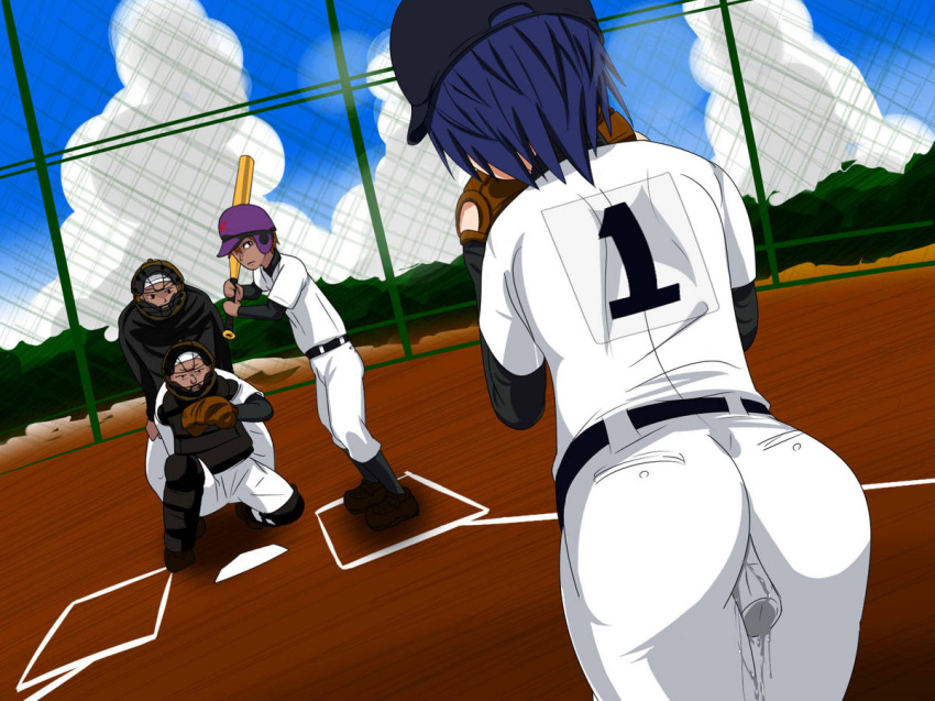 1girls 3boys ass baseball blue_hair clothed_masturbation clothing dildo discreet_vibrator female female_penetrated large_ass male male_with_female male_with_male masturbation more_revealing_backside public public_masturbation pussy_juice secret stealth stealth_masturbation vibrator vibrator_bulge