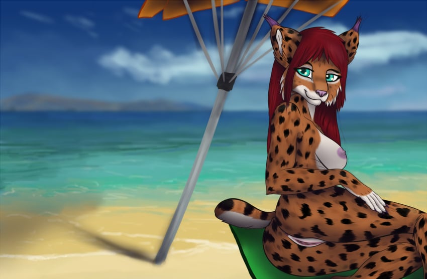 anthro beach blue_eyes breasts cloud detailed_background feline fur furry hair looking_at_viewer lynx mammal nipples nude orange_fur parasol presenting pussy red_hair seaside sky towel waffles_(artist) water