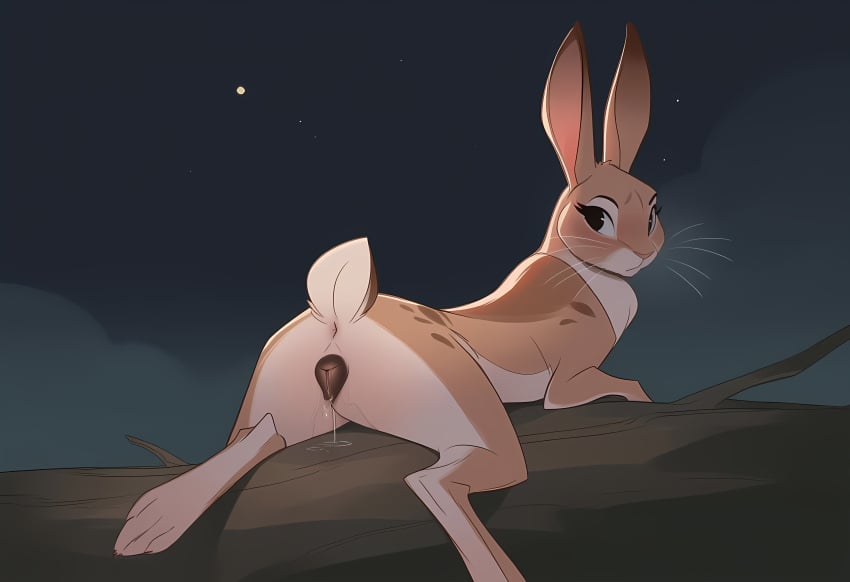 ai_generated anatomically_correct_genitalia anatomically_correct_pussy black_eyelashes black_eyeliner brown_eyes brown_fur cookie-girl digitigrade feral fog from_behind lagomorph_pussy log looking_at_viewer looking_back looking_over_shoulder night one_girl paws pussy_juice pussy_juice_drip pussy_juice_puddle rabbit rabbit_ears rabbit_tail solo solo_feral solo_focus stars whiskers