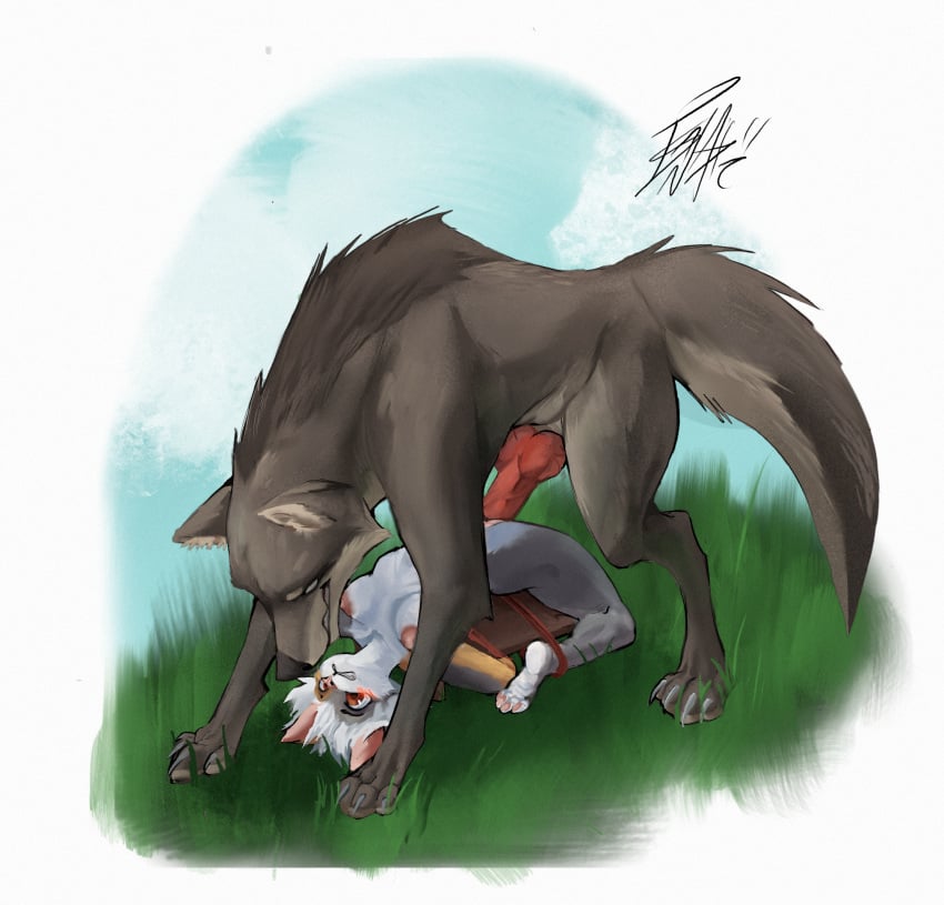 animal_genitalia animal_penis anthro anthro_on_feral anthro_penetrated arcanis_(hahaluckyme) areola blush borko_(barkwoofawoo) bound calico_cat canid canine canine_genitalia canine_penis canis clenched_teeth detailed_background domestic_cat felid feline felis female female_penetrated feral feral_penetrating feral_penetrating_anthro fur genitals grass grey_body grey_fur grey_tail hair hi_res knot looking_at_another male male/female male_penetrating male_penetrating_female mammal nipples nude outside penetration penile penile_penetration penis penis_in_pussy pink_areola pink_nipples plant red_penis sex signature tail teeth tsanapi vaginal_penetration white_body white_fur white_hair wolf yellow_body yellow_fur zoophilia