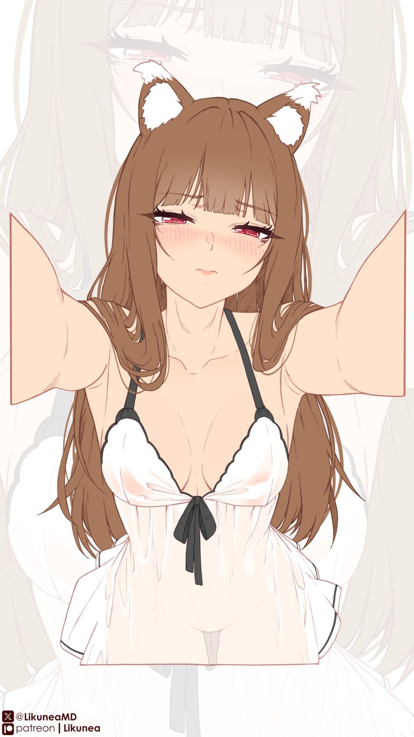 1girls animal_ears blush blushing_at_viewer blushing_female brown_hair brown_hair_female female female female_only hime_cut holding_viewer holo imminent_kiss kemono kemonomimi likunea long_hair long_hair_female looking_at_viewer medium_breasts nightgown partially_closed_eyes red_eyes red_eyes_female sole_female spice_and_wolf tagme white_nightgown wolf_ears wolf_girl