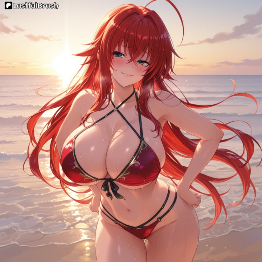 ai_generated beach bikini confident high_school_dxd huge_breasts lustfulbrush perfect_body rias_gremory standing