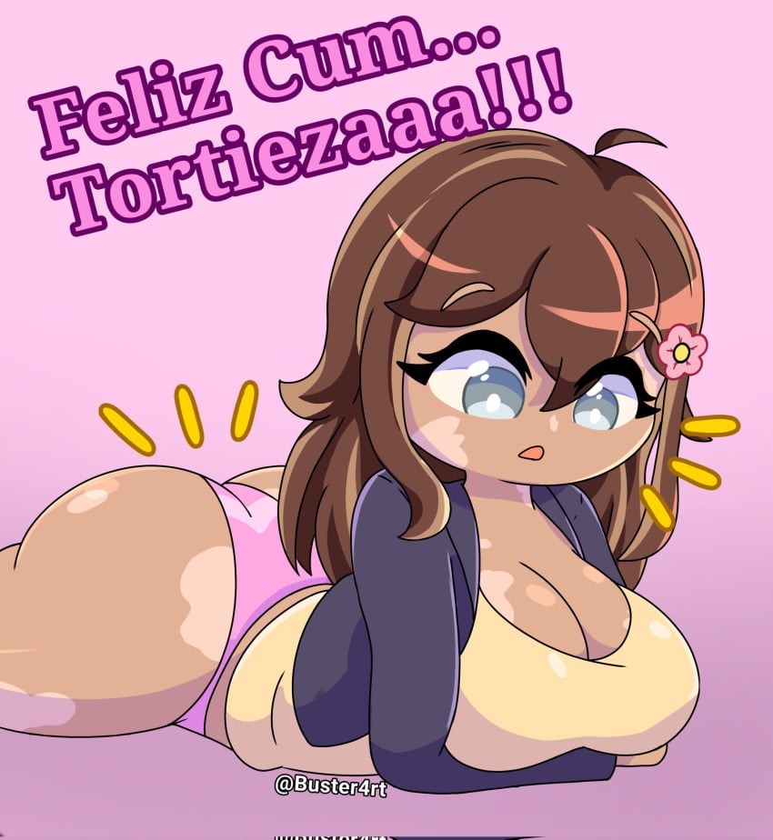 1girls ass ass_bigger_than_breasts ass_focus big_ass big_breasts blue_eyes blue_jacket breasts brown_hair brown_skin brown_skinned_female buster-art clothed clothed_female fanart female female_only flower_hair_ornament flower_in_hair hair_between_eyes hair_ornament hips jacket long_hair looking_down lying lying_on_ground lying_on_stomach multicolored_hair open_mouth panties pink_background pink_flower pink_panties shirt simple_background spanish_dialogue spanish_text straight_hair streaked_hair surprised tortieza twitter view_from_the_side vitiligo wide_hips yellow_shirt