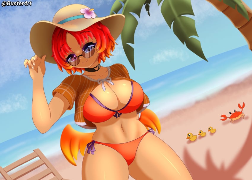 1girls beach beach_background beach_chair beach_hat bikini bikini_under_clothes black_choker blue_eye breasts buster-art choker closed_mouth_smile clothed commission commission_art crab duck female female_focus female_only front_view hat_flower heart_choker heterochromia hips looking_at_viewer medium_breasts multiple_girls nail_polish nails nails_painted navel ocean orange_bikini orange_skin outdoors painted_nails palm_tree purple_ribbon red_eye red_hair ribbon ribbon-trimmed_bikini ribbon_trim sand shadow shirt shirt_around_waist short_hair smile standing straw_hat streaked_hair sun_hat sunglasses swimsuit swimwear thighs tinted_eyewear twitter_user_oc water white_nail_polish white_nails white_ribbon