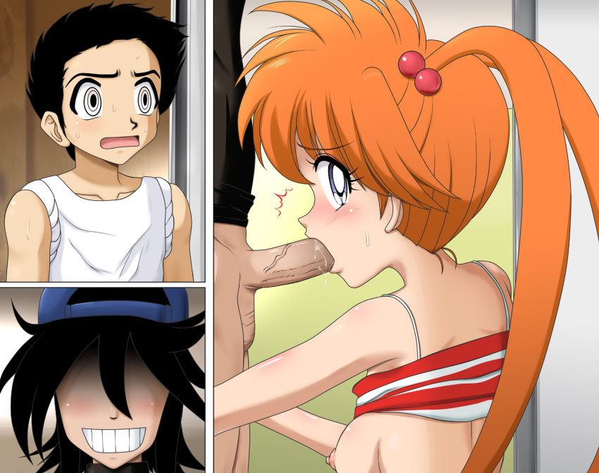 1girls being_watched black_hair blue_eyes blush breasts circle_anco cuckold fellatio female hair highres hiroshi_tateno human jigoku_sensei_nube katsuya_kimura kyoko_inaba long_hair male nipples oral orange_hair pale-skinned_female pale_skin penis shirt_lift shounen_jump solo_focus tied_hair twintails uncensored