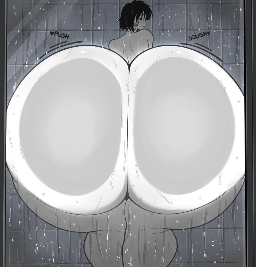 1girls against_glass ass ass_body back_view bare_shoulders black_hair bubble_butt earrings female foreshortening from_behind gigantic_ass gigantic_butt glass huge_ass huge_butt inviting kagerou_(rekka_no_honoo) light-skinned_female light_skin looking_at_viewer looking_back motion_lines nude pressed_against rekka_no_honoo short_hair shower showering smile solo solo_female sound_effects steam steaming_body text thanuki thanukiart thick_thighs tile_wall tiles water water_drop wet wet_ass wide_hips