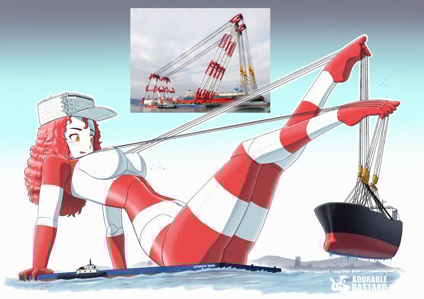 1girls adorablebastard barefoot between_toes big_breasts blush breasts cable cables crane_(machine) feet feet_up female flexible_toes floating_sheerleg full_body giantess highres hyundai hyundai-10000 large_breasts legs_together long_torso mecha_musume metal_skin navel ocean orange_eyes painted_body personification reclining red_hair red_skin ship ship_girl solo striped_body striped_skin toes tongue_out two_tone_body white_skin