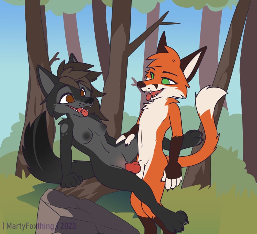 2023 absurd_res animal_genitalia animal_penis anthro anthro_on_anthro anthro_penetrated anthro_penetrating anthro_penetrating_anthro between_legs black_body black_fur black_nose brown_body brown_eyes brown_fur brown_hair canid canine canine_genitalia canine_penis canis dakota_(serarel) dipstick_tail duo erection fangs female female_penetrated fox fur furry genitals green_eyes grey_body grey_fur hair hi_res humanoid_genitalia humanoid_pussy long_hair male male/female male_penetrating male_penetrating_female mammal markings martinballamore no_pupils nude open_mouth orange_body orange_fur orange_hair original original_character original_characters outside penetration penile penile_penetration penis penis_in_pussy plant pussy retracted_sheath rock sex sheath short_hair shrub side_view standing standing_sex tail tail_markings teeth tongue tongue_out tree vaginal_penetration white_body white_fur wolf