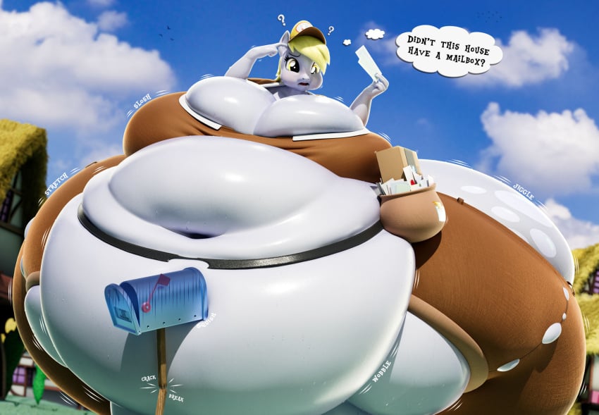 1girls 3d 3d_(artwork) ? anthro ass bbw belly belt belt_around_belly blonde_hair breasts cleavage confused confused_look derpy_hooves english_text fat female female_focus female_only friendship_is_magic furry grey_body hasbro hips large_ass large_breasts mail mailbag mailbox maskedtreasure my_little_pony obese obese_female overweight overweight_female pony property_damage ssbbw stomach text thick_thighs thighs thought_bubble wardrobe_malfunction weight_gain wide_hips yellow_eyes