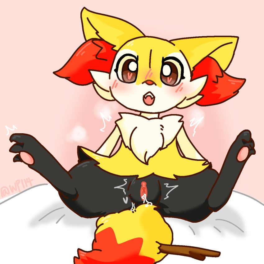 bed bedroom black_body black_fur bodily_fluids braixen brown_eyes female feral fur furniture generation_6_pokemon genital_fluids genitals heart_eyes heart_symbol hi_res humanoid_genitalia humanoid_genitalia_on_feral humanoid_pussy humanoid_pussy_on_feral nintendo on_bed open_mouth paws pokemon pokemon_(species) pussy raised_paw simple_background solo spread_legs spreading twitching vaginal_fluids whitepaper114 yellow_body yellow_fur