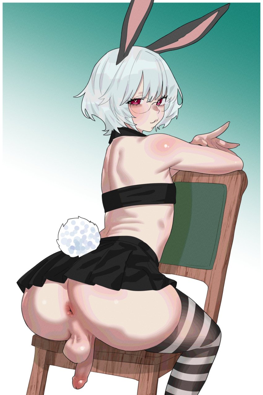 1boy absurdres animal_ears anus ass back black_thighhighs closed_mouth commentary commission english_commentary gradient_background green_background heart heart-shaped_pupils highres kanoji_(ni_kanojo) looking_at_viewer male on_chair original otoko_no_ko penis pleated_skirt rabbit_boy rabbit_ears rabbit_tail red_eyes round_eyewear short_hair simple_background sitting skirt solo striped_clothes striped_thighhighs symbol-shaped_pupils tail thighhighs two-tone_background two-tone_thighhighs white_background white_hair white_thighhighs