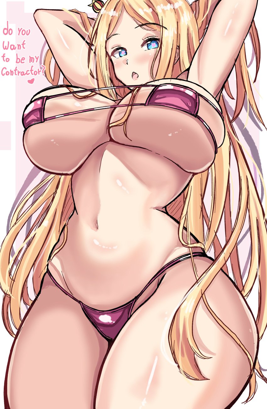 aged_up armpits arms_behind_head arms_up ayannon_yumme bangs beatrice_(re:zero) bikini blonde_hair blue_eyes blush breasts cleavage english_language english_text eyepatch_bikini female female heart huge_breasts large_breasts long_hair looking_at_viewer micro_bikini navel open_mouth pink_bikini pink_swimsuit re:zero_kara_hajimeru_isekai_seikatsu solo standing stomach swimsuit symbol-shaped_pupils text thick_thighs thighs very_long_hair