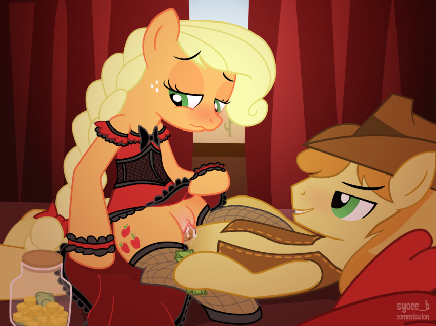 apple applejack_(mlp) blonde_hair blush braeburn_(mlp) clothes cum cum_in_pussy cum_inside cute cutie_mark dress earth_pony embarrassed equine female fishnets friendship_is_magic fruit fur green_eyes hair horse incest long_hair male my_little_pony penetration pony prostitution pussy pussy_juice sex smile smooth_skin straight syoee_b thighhighs vaginal_penetration