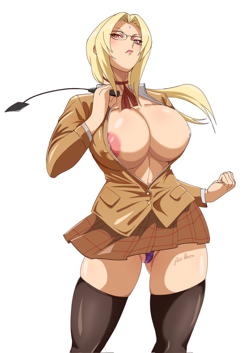 1girls airi_akura alternate_version_available areola_slip areolae big_breasts black_thighhighs blonde_hair breasts brown_skirt cleavage cosplay eyewear female female_only forehead_jewel glasses hair holding_weapon huge_breasts legwear lips mature mature_female mature_woman milf naruto naruto_(series) neckwear panties prison_school purple_panties revealing_clothes shiraki_meiko_(cosplay) short_skirt skimpy skimpy_clothes skirt solo solo_female thighhighs thighs tsunade weapon yellow_eyes