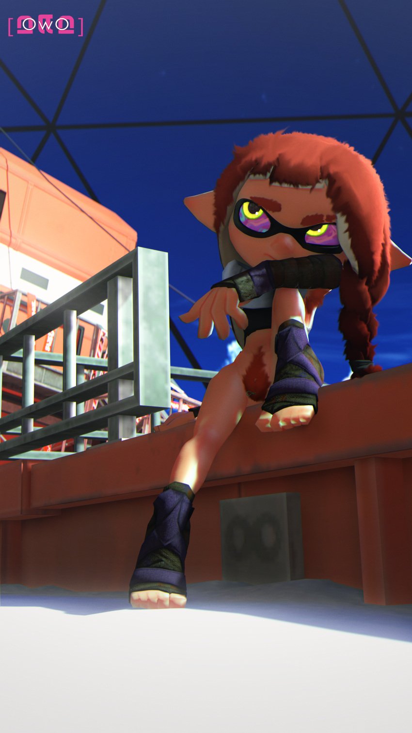 3d absurd_res agent_3_(splatoon_3) bottomless brown_body brown_fur cephalopod clothed clothing digital_media_(artwork) feet female fur genitals hair hi_res inkling inkling_girl looking_up marine mollusk nintendo owo_sfm pubes pussy raised_leg resting_on_arm sfm sitting solo source_filmmaker splatoon tampon