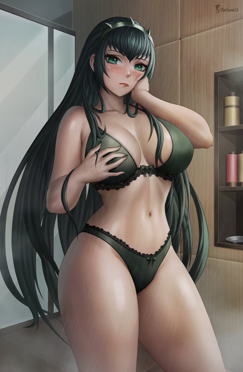 2024 blush curvaceous curvy_figure dark_green_hair green_bikini green_eyes large_breasts lo_po_bia_elaine thick_thighs tiosam tower_of_god