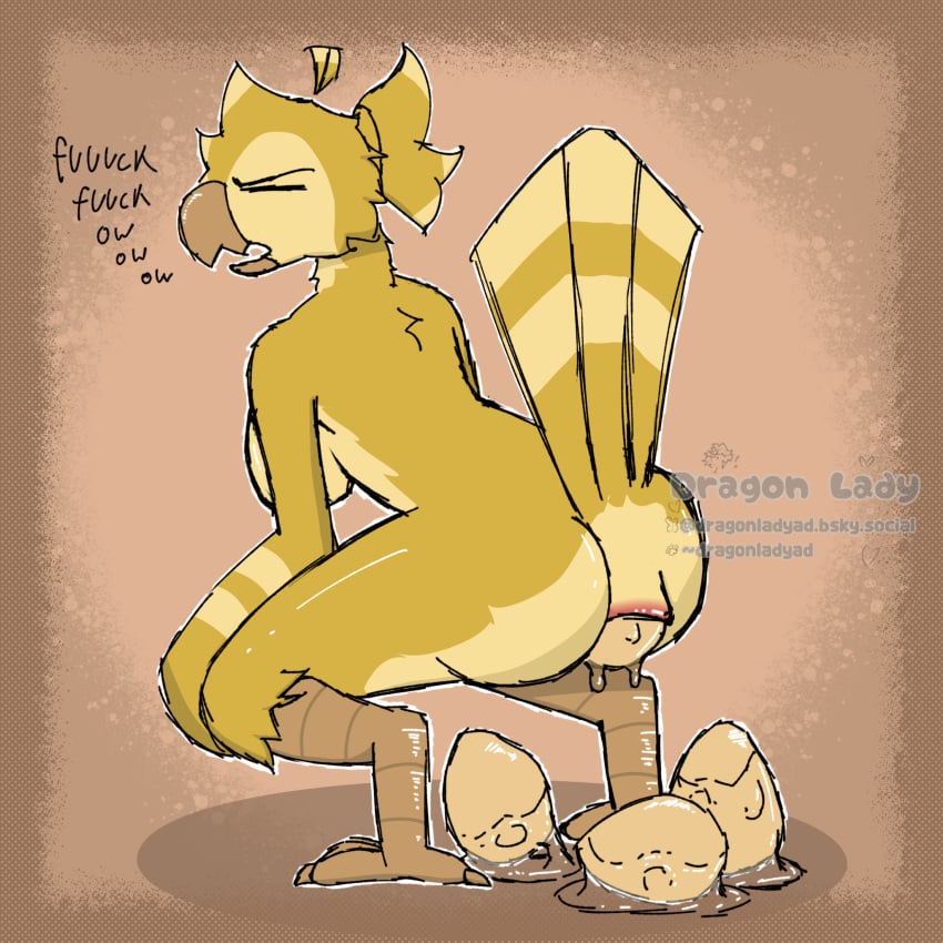 ambiguous_fluids anthro anus ass avian barely_visible_breasts beak bird breasts caroline_(lem75) crouching egg female hi_res lem75 oviposition solo stretched_anus