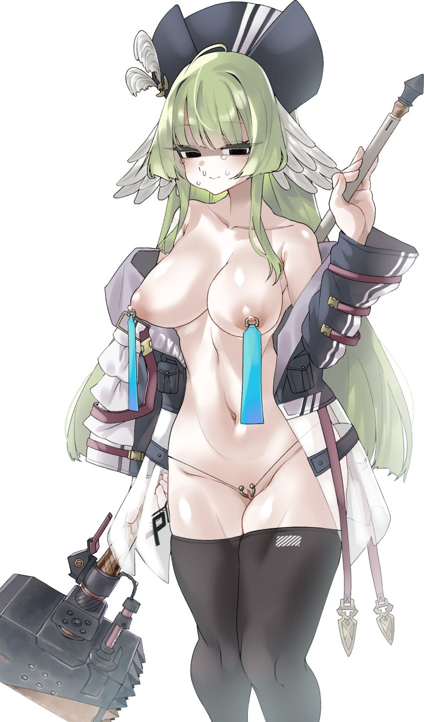 5_enki arknights female female female_only functionally_nude_female hammer jacket nipple_piercing nude piercings poncirus_(arknights) thighhighs weapon