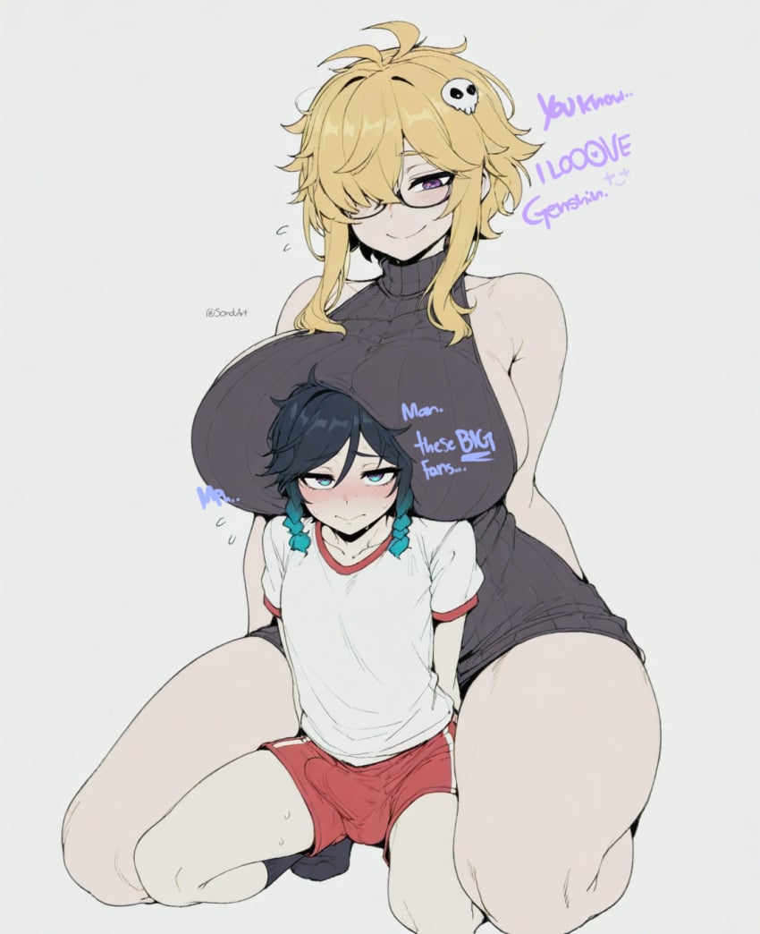 1boy age_difference ai_assisted ai_generated bangs bare_shoulders black_hair blonde_hair blue_eyes blue_hair blush braid breast_rest breasts breasts_on_head bulge closed_mouth english_text erection erection_under_clothes female female_on_femboy femboy femdom flying_sweatdrops glasses gradient_hair green_eyes grey_background hair_ornament hair_over_one_eye height_difference huge_breasts large_breasts looking_at_viewer meme_attire multicolored_hair otoko_no_ko purple_eyes red_shorts seiza shirt short_hair_with_long_locks short_sleeves shorts sidelocks simple_background sitting skull_hair_ornament sleeveless sleeveless_sweater smile socks sondu straight sweat sweater thick_thighs thighs turtleneck turtleneck_sweater twin_braids venti_(genshin_impact) white_shirt