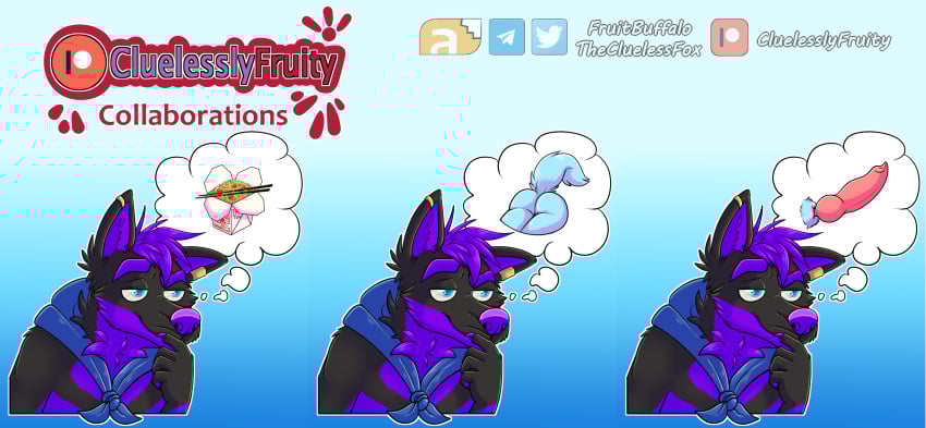 animal_genitalia animal_penis anthro ass black_body black_fur blue_eyes bust_portrait canid canine canine_genitalia canine_penis canis cheek_tuft ear_piercing ear_ring facial_tuft food fruitbuffalo fur genitals gradient_background hair hi_res kerchief male mammal mouth_closed multiple_images neck_tuft neckerchief neckwear noodles penis piercing portrait purple_body purple_fur purple_hair ring_piercing short_hair simple_background solo thecluelessfox thought_bubble tuft verne_nicolaio wolf