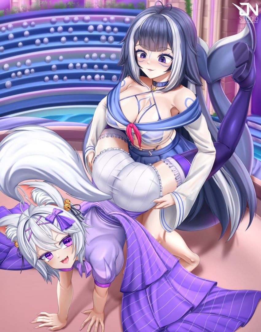 2025 2d 2d_(artwork) 2girls ass big_ass big_breasts big_butt breasts clothed clothing duo female female_only filian filian_(vtuber) humanoid jnstudio light-skinned_female light_skin orca_girl purple_eyes shylily streaked_hair virtual_youtuber white_hair