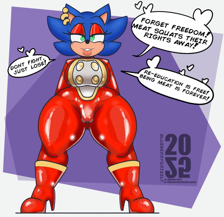 2025 anthro big_breasts biped blueberrygrizzly bodysuit boots breasts camel_toe clitoris_outline clothing dialogue ear_piercing english_text eulipotyphlan eyelashes eyeshadow female female_anthro footwear genital_outline green_eyes heart_symbol hedgehog hi_res high_heeled_boots high_heels latex latex_bodysuit latex_boots latex_clothing latex_footwear latex_skinsuit makeup mammal military_uniform mind_control mtf_crossgender piercing pussy_outline red_eyeshadow red_latex rule_63 sega shoes skinsuit smile solo sonic_(series) sonic_the_hedgehog sonic_the_hedgehog_(series) speech_bubble standing text thick_thighs tight_clothing uniform