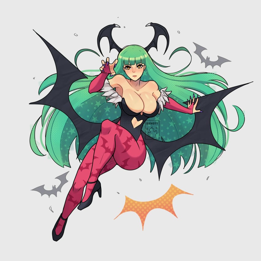 2hot! big_breasts big_butt big_thighs big_titties breasts cleavage clothing curvaceous curvaceous_female curvaceous_figure curvy curvy_figure curvy_hips darkstalkers female female_focus female_only green_hair long_hair looking_at_viewer morrigan_aensland wings_on_head