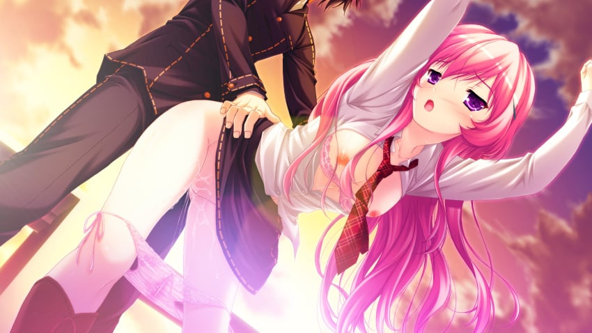 blush bra breasts game_cg long_hair makita_maki mukougaoka_kana nipples panties pink_hair purple_eyes pussy_juice seifuku sex shinigami_no_testament sunset tie underwear