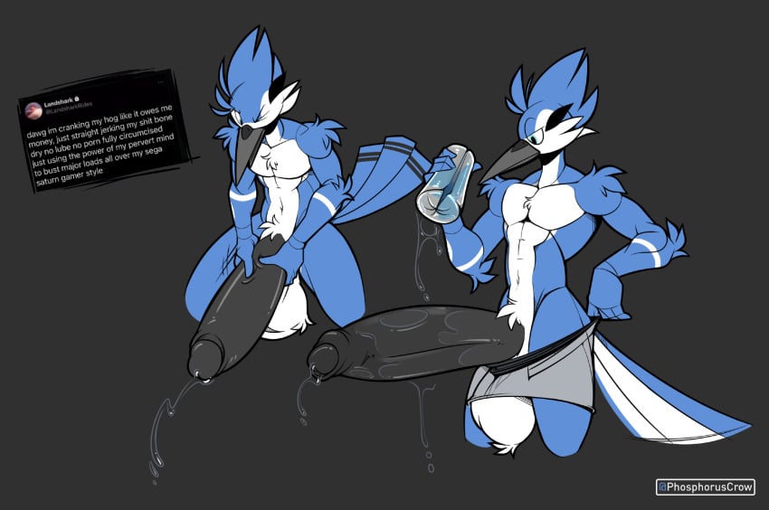 abs anthro avian balls beak big_balls big_penis bird black_penis blue_jay bodily_fluids broken_sex_toy clothing corvid english_text genital_fluids genitals hi_res huge_balls huge_cock hyper hyper_genitalia hyper_penis jay_(bird) lube male masturbation meme muscular new_world_jay nude oscine passerine penis phosphoruscrow precum sex_toy solo tail text underwear zack_(phosphoruscrow)
