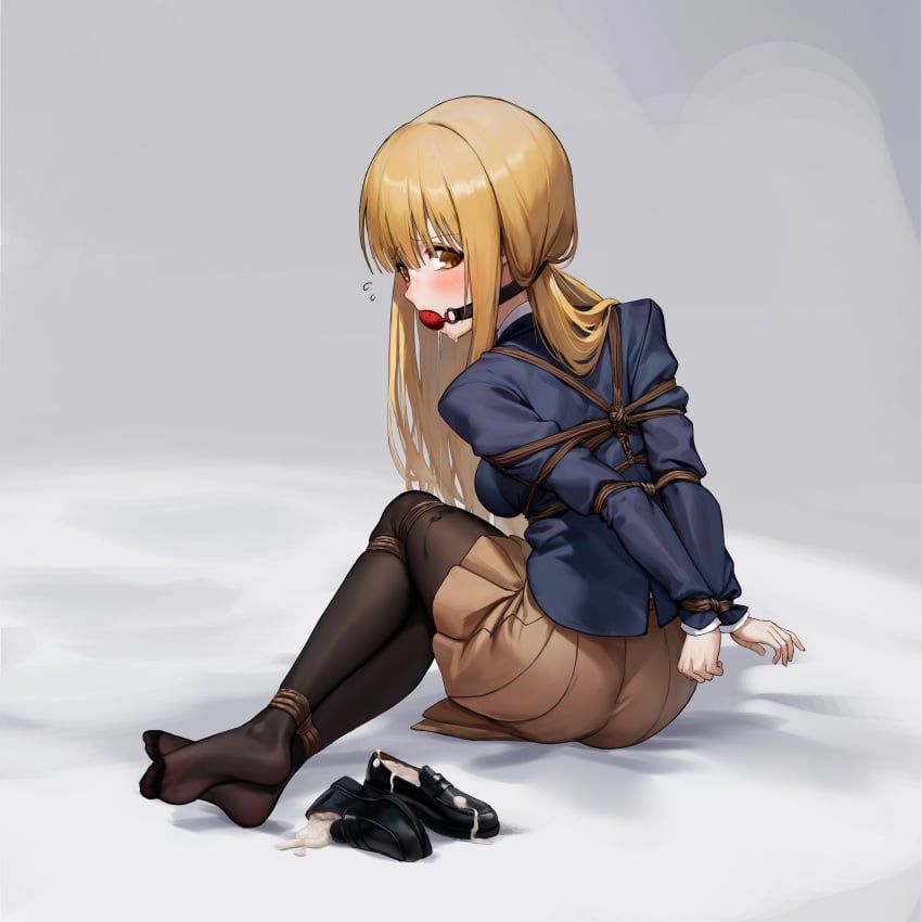 absurdres ball_gag black_pantyhose blazer blonde_hair bondage bound bound_arms bound_legs breasts brown_eyes collared_shirt cum_in_footwear from_behind gag gagged highres jacket kumachi_(aikawaakeya) loafers long_hair otonari_no_tenshi-sama_ni_itsu_no_mani_ka_dame_ningen_ni_sarete_ita_ken pantyhose pleated_skirt restrained saliva_drip shibari_over_clothes shiina_mahiru shiina_mahiru_(otonari_no_tenshi-sama) shirt shoes sitting skirt small_breasts soles very_long_hair white_shirt