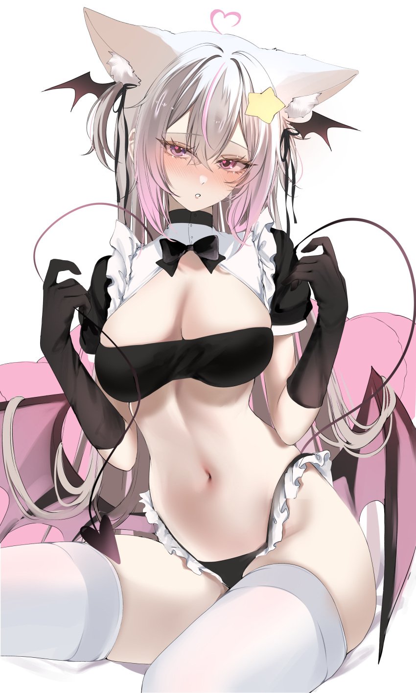 animal_ear_fluff animal_ears annytf bangs bare_shoulders bat_wings bikini black_bikini black_gloves blush bow bowtie breasts claw_pose cleavage colored_inner_hair crop_top demon_girl demon_tail demon_wings detached_collar elbow_gloves eyebrows_visible_through_hair female frills gloves hair_between_eyes hair_ornament head_wings heart highleg highleg_bikini large_breasts latex long_hair looking_at_viewer midriff multicolored_hair navel panties parted_lips purple_eyes sitting solo star_(symbol) star_hair_ornament stomach streaked_hair striped swimsuit tagme tail thighhighs thighs two-tone_hair underwear very_long_hair virtual_youtuber vtuber white_background white_legwear wings