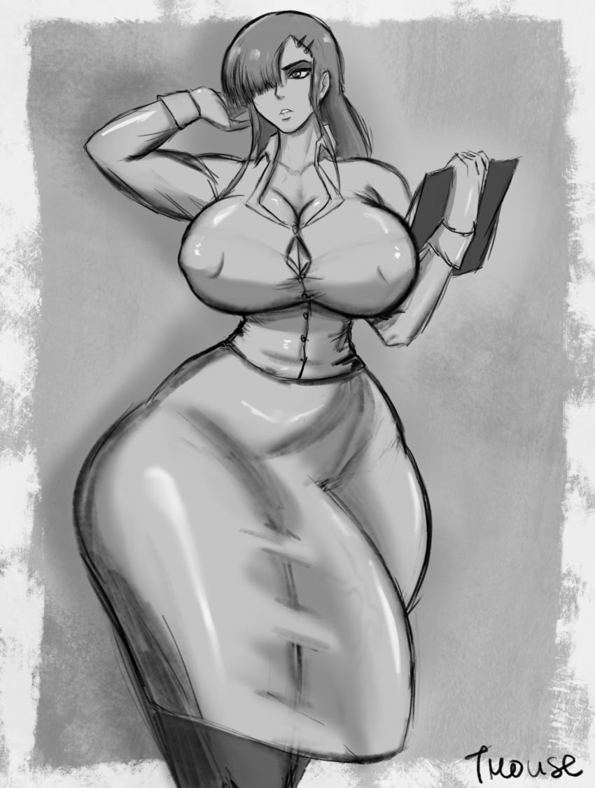 1futa dickgirl fully_clothed futa_only futanari huge_ass huge_breasts huge_cock kera_(fibilis) monochrome shirt skirt standing tmouse