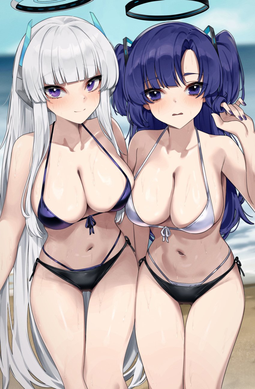 2girls bare_arms bare_legs bare_shoulders beach bikini black_bikini blue_archive blush breasts cleavage closed_mouth commentary day female grey_hair halo halterneck highleg highleg_bikini highres large_breasts layered_bikini long_hair mechanical_halo multiple_girls noa_(blue_archive) open_mouth outdoors purple_bikini purple_eyes purple_hair side-tie_bikini_bottom smile string_bikini swimsuit symbol-only_commentary two_side_up very_long_hair wakamepiza white_bikini yuuka_(blue_archive)