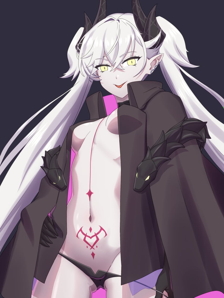 1girls :p absurdres ass_visible_through_thighs black_choker black_gloves black_jacket black_panties body_markings breasts chest_tattoo choker covered_nipples ear_piercing fate/grand_order fate_(series) female female_only gloves hair_between_eyes hand_on_own_hip highres horns jacket long_hair looking_at_viewer naked_jacket navel noa0000 ordeal_call_servant_(female) panties panty_pull piercing pointy_ears pubic_tattoo small_breasts smile solo stomach tattoo thighs tongue tongue_out twintails underwear white_hair yellow_eyes