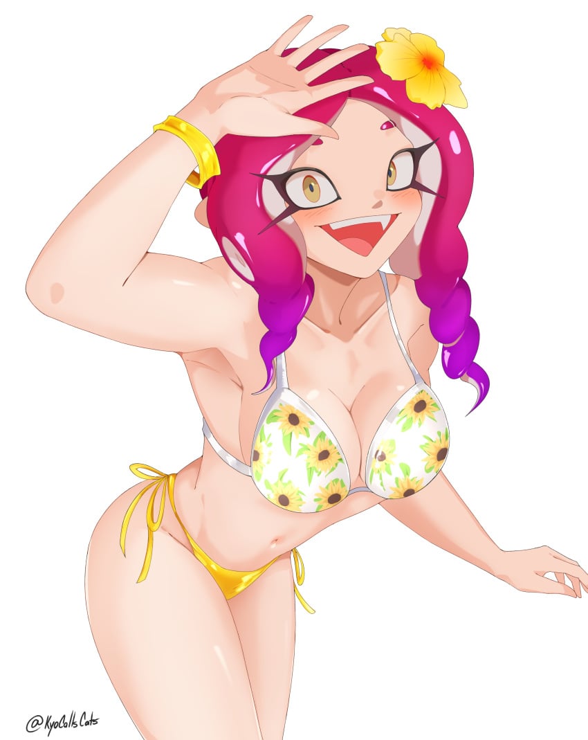 1girls bending_forward bikini blush blushing breasts cleavage crotch digital_drawing_(artwork) digital_media_(artwork) female female_focus female_only floral_print flower_in_hair hair_accessory happy kyocallscats milkytwinkers octoling octoling_girl pink_hair pose posing smile splatoon splatoon_3 summer swimsuit tentacle_hair thighs twitter_link twitter_username watermark white_background wristband