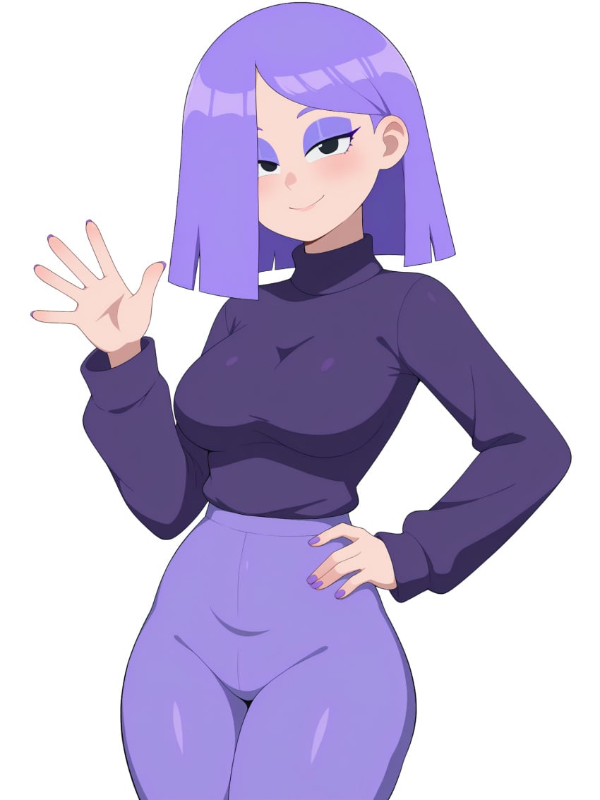 ai_generated at background bra breasts clothed clothing duolingo emo female fingernails focus fully girl hair hips human light light-skinned lily_(duolingo) looking medium only pants purple skin slim small smartphone solo teasing thin turtleneck viewer waist white wide yoga