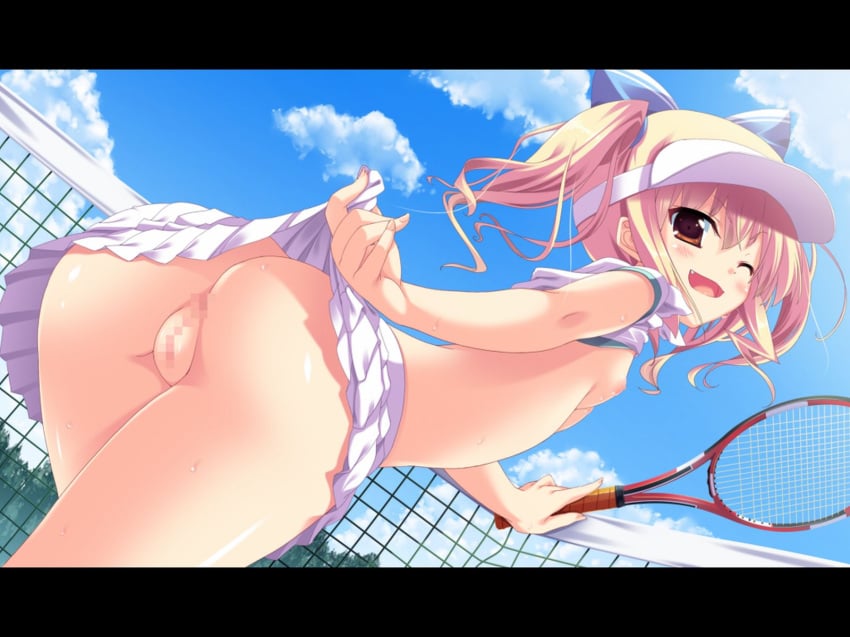 ass blonde_hair bottomless brown_eyes censored cute_fang female flat_chest from_behind game_cg highres imouto_paradise! itou_life letterboxed looking_back nanase_koharu nipples no_panties outdoors pussy racket ribbon shirt_lift short_hair short_twintails skirt skirt_lift solo sportswear tennis tennis_racket tennis_uniform tied_hair twintails visor_cap wink