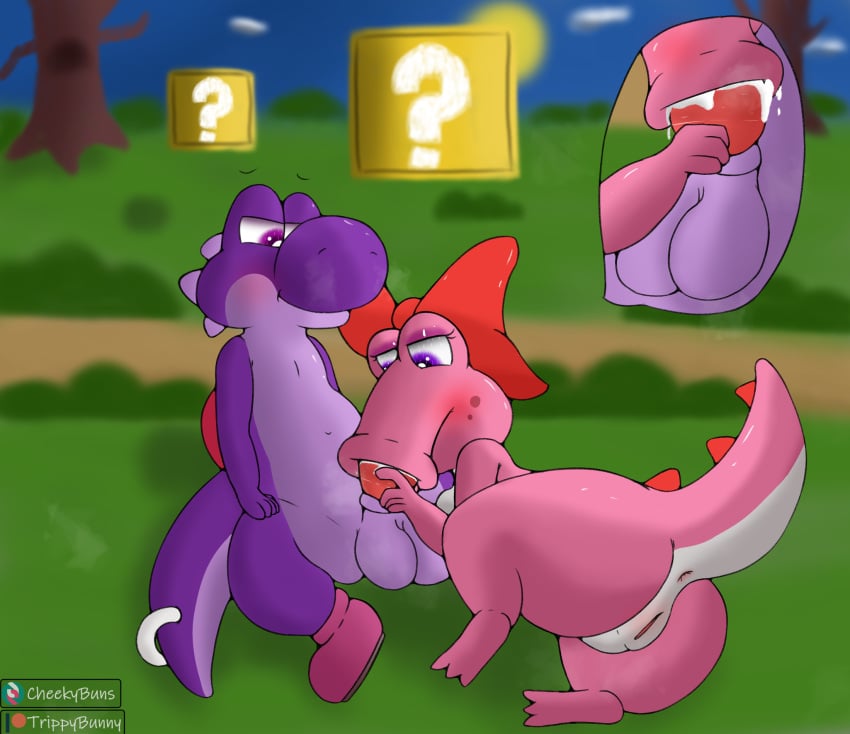 2025 anthro anus balls birdo blush bodily_fluids boots breasts close-up clothing cum cum_in_mouth cum_inside digital_media_(artwork) duo erection eyeliner fellatio female footwear genital_fluids genitals hi_res looking_down makeup male male/female mario_bros naughty_face nintendo oliver_(trippybunny) oral outside penile piercing pussy raised_tail scalie sex shoes side_boob spines tail trippybunny yoshi