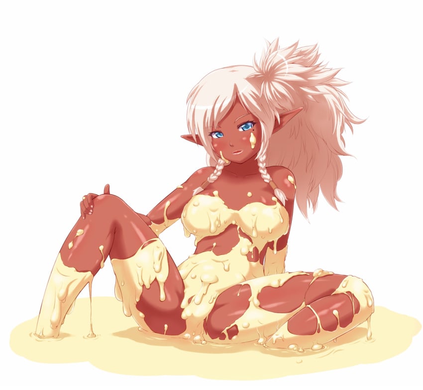 blue_eyes blush dark_skin female highres minette_(dungeon_and_fighter) monugaeru pointy_ears spread_legs white_hair