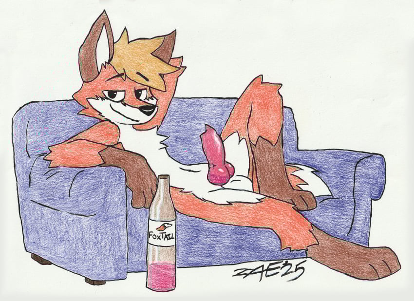 alcohol animal_genitalia animal_penis balls belly beverage blonde_hair canid canine canine_genitalia canine_penis colored_pencil_(artwork) erection fox fur furniture genitals hair hand_behind_head hi_res knot male mammal on_sofa orange_body orange_fur paws penis red_fox signature simple_background sitting sitting_on_sofa smile smirk sofa solo toony traditional_media_(artwork) true_fox white_background white_belly wine zaeryn