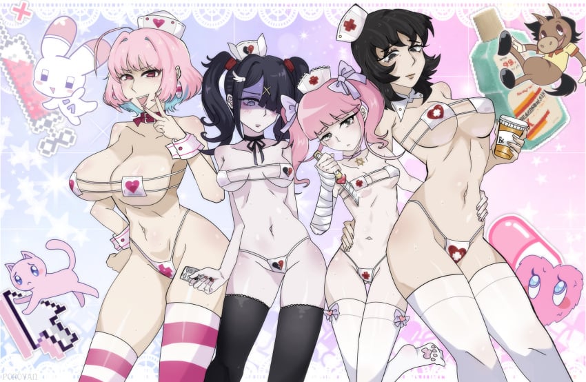 >:d 4girls :< ame-chan anya_(mouthwashing) bandaged_arm belly bikini black_eyes black_hair black_thighhighs blush breast_size_difference choker cleavage crossover cute earrings eyelashes fangs female female_focus female_only group hair_ornament hair_ribbon hairclip hand_on_hip high_resolution highres holding_each_other holding_object idolmaster idolmaster_cinderella_girls large_breasts looking_at_viewer makeup medium_breasts menhera-chan_(ezaki_bisuko)_(character) mouthwashing multiple_crossover needy_girl_overdose nervous nurse nurse_cap p-chan painted_nails pale_skin pastel_background petite petite_body pills pink_eyes pink_hair polle_(mouthwashing) poroyanv12 short_hair skimpy skimpy_bikini skimpy_clothes small_breasts small_female square_bikini standing star sweat taller_female thighhighs thighs twintails two_tone_hair usatan voluptuous white_thighhighs wing_hair_ornament wrist-cut_transformation_subculture_menhera yami_kawaii yumemi_riamu