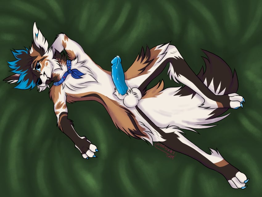 aceofspxdez anthro arm_tuft atlas_(duskyvrc) ball_tuft balls blue_claws blue_eyes blue_penis bodily_fluids brown_body brown_fur canid canine casual_nudity cheek_tuft chest_tuft claws elbow_tuft erection fabric facial_tuft fangs fluffy fluffy_tail fur fuzzy genital_fluids genitals green_background hand_behind_head head_tuft hi_res high-angle_view humanoid_genitalia humanoid_penis hybrid inner_ear_fluff kerchief leg_tuft looking_at_viewer lying male mammal mohawk multicolored_body multicolored_fur neck_tuft neckerchief neckwear nude on_back penis precum shoulder_tuft signature simple_background skinny smile solo tail tan_body tan_fur teeth tuft